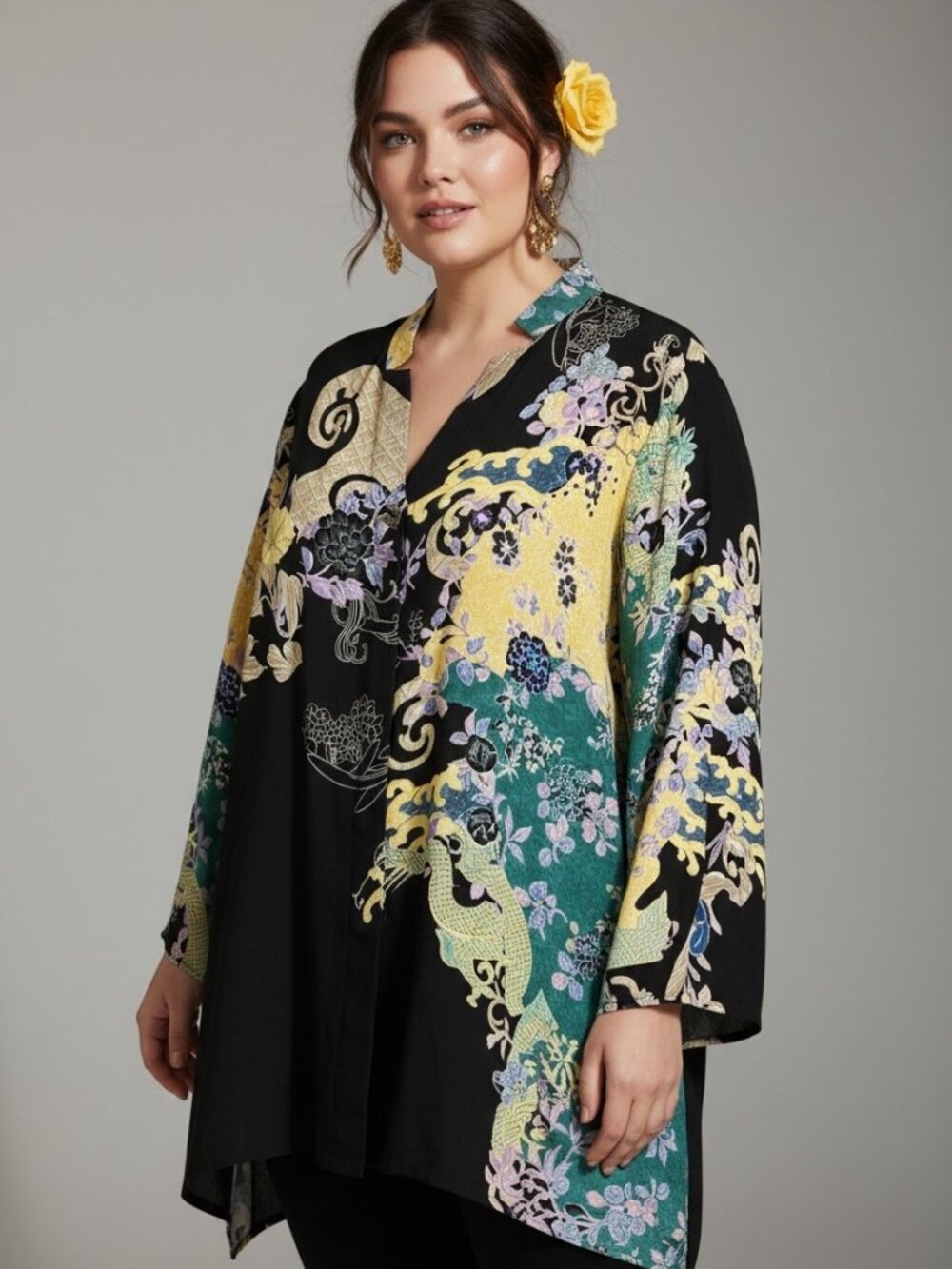 Citron Santa Monica 100% Silk Dragon Print Tunic Black Art To Wear Asian Boho 1X